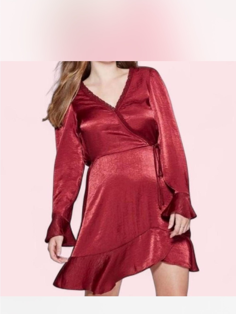 Xhilaration Red Satin Wrap Mini Dress with Ruffle Hem